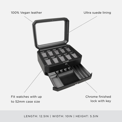 WOLF Windsor 10-Piece Watch Box with Drawer, Black - Features 10 Watch Compartments, Eight Ring Rolls & 17 Jewelry Compartments - Vegan Leather Exterior