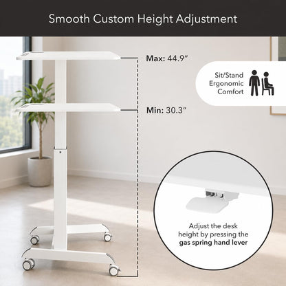 Mount-It! Laptop Cart Rolling Desk Adjustable Height with 28.5" x 22" Tabletop, Ergonomic Sit-Stand Workstation on Wheels Portable for Home Office, Dorm, Classroom, White