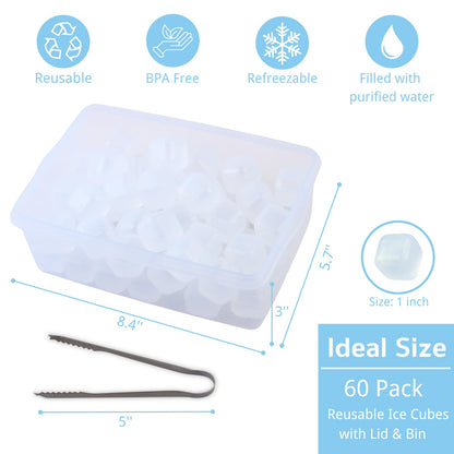 Reusable Ice Cube with Lid & Bin, 60 Pack Plastic Ice Cubes for Drinks BPA Free, Refreezable Square Ice Cubes for Water Bottles, Whiskey, Vodka, Coffee, Cocktails, Beer or Wine