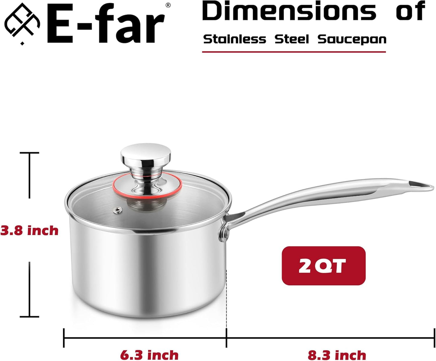 E-far 2-Quart Tri-Ply Saucepan, Stainless Steel with Glass Lid, Non Toxic, Oven & Dishwasher Safe