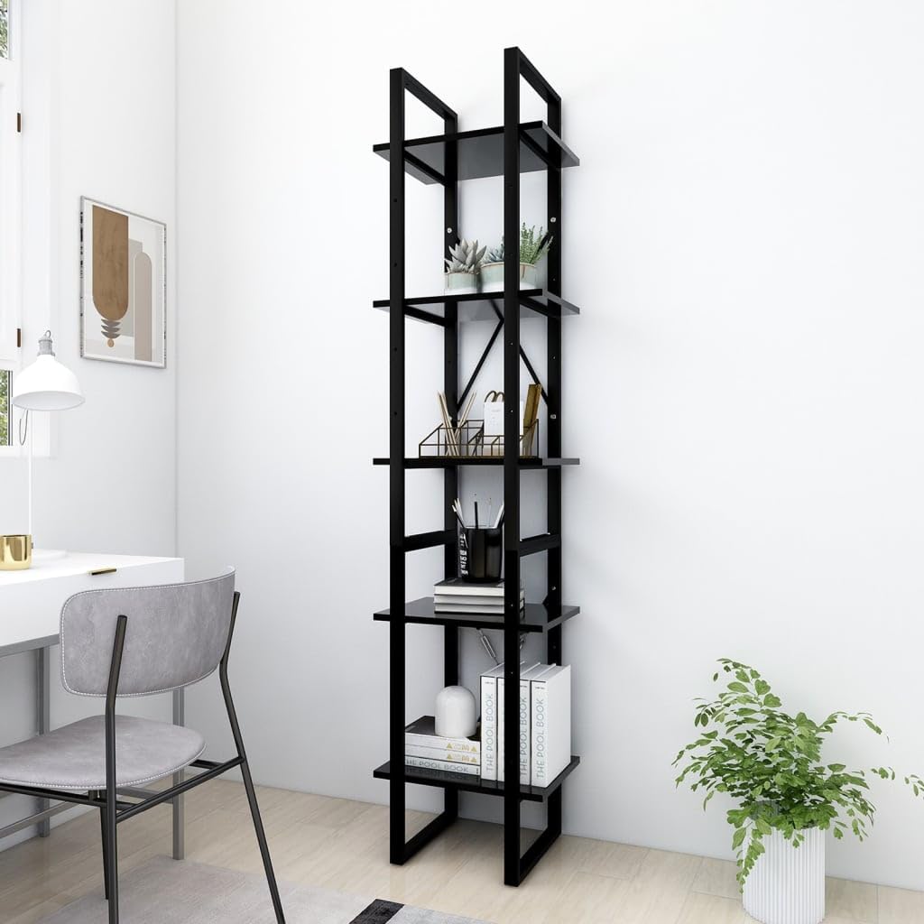 Holepyr Black Engineered Wood 5 Tier Book Cabinet with Matte Finish, Medium Size Freestanding Shelf for Living Room Office Bedroom Storage and Display