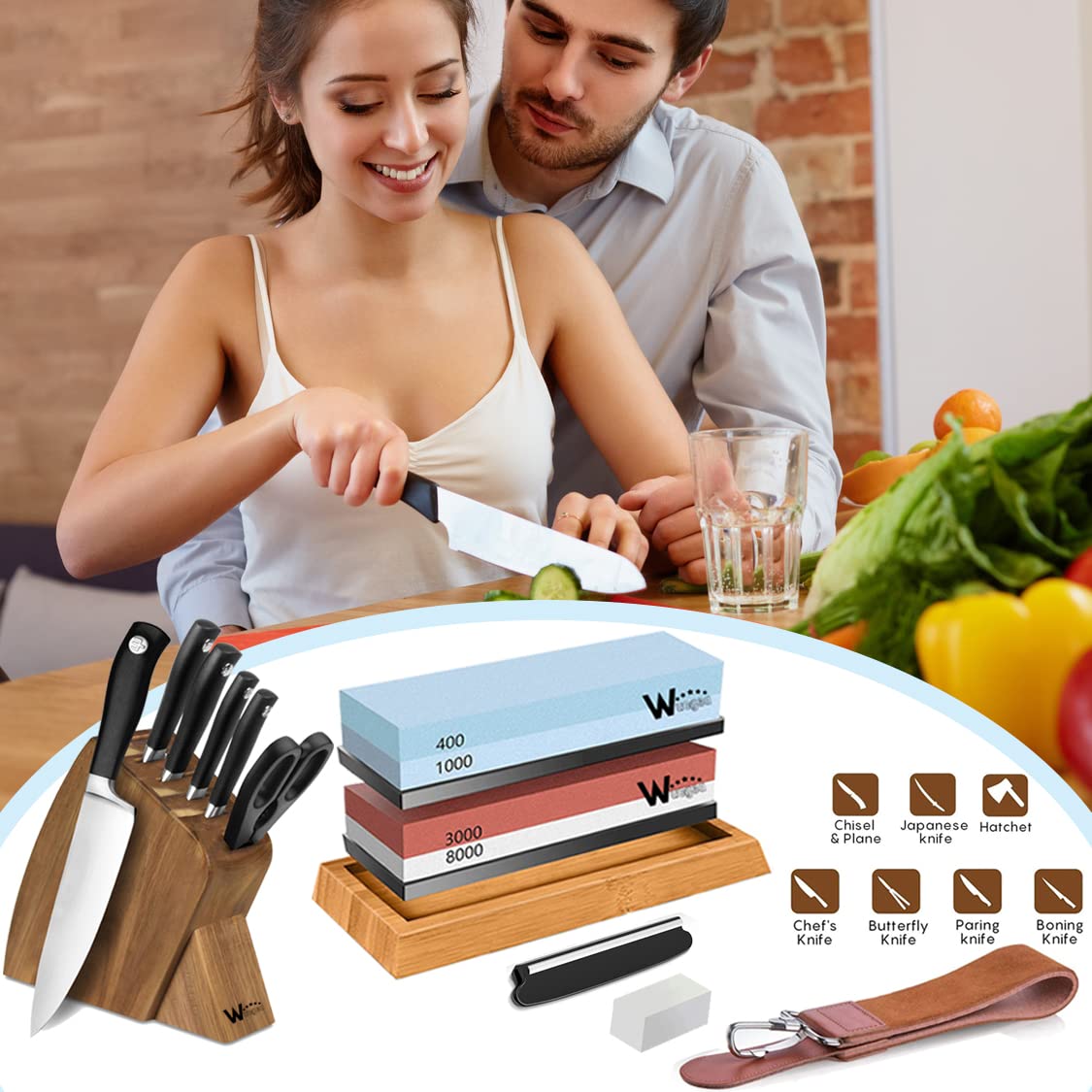 Wucgea Knife Sharpening Stone Kit - 400/1000 3000/8000 Grit Japanese Whetstone Set with Non-Slip Rubber Base, Angle Guide, Flattening Stone and Leather Strop