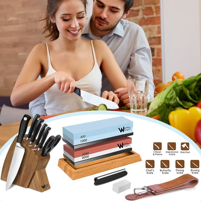 Wucgea Knife Sharpening Stone Kit - 400/1000 3000/8000 Grit Japanese Whetstone Set with Non-Slip Rubber Base, Angle Guide, Flattening Stone and Leather Strop