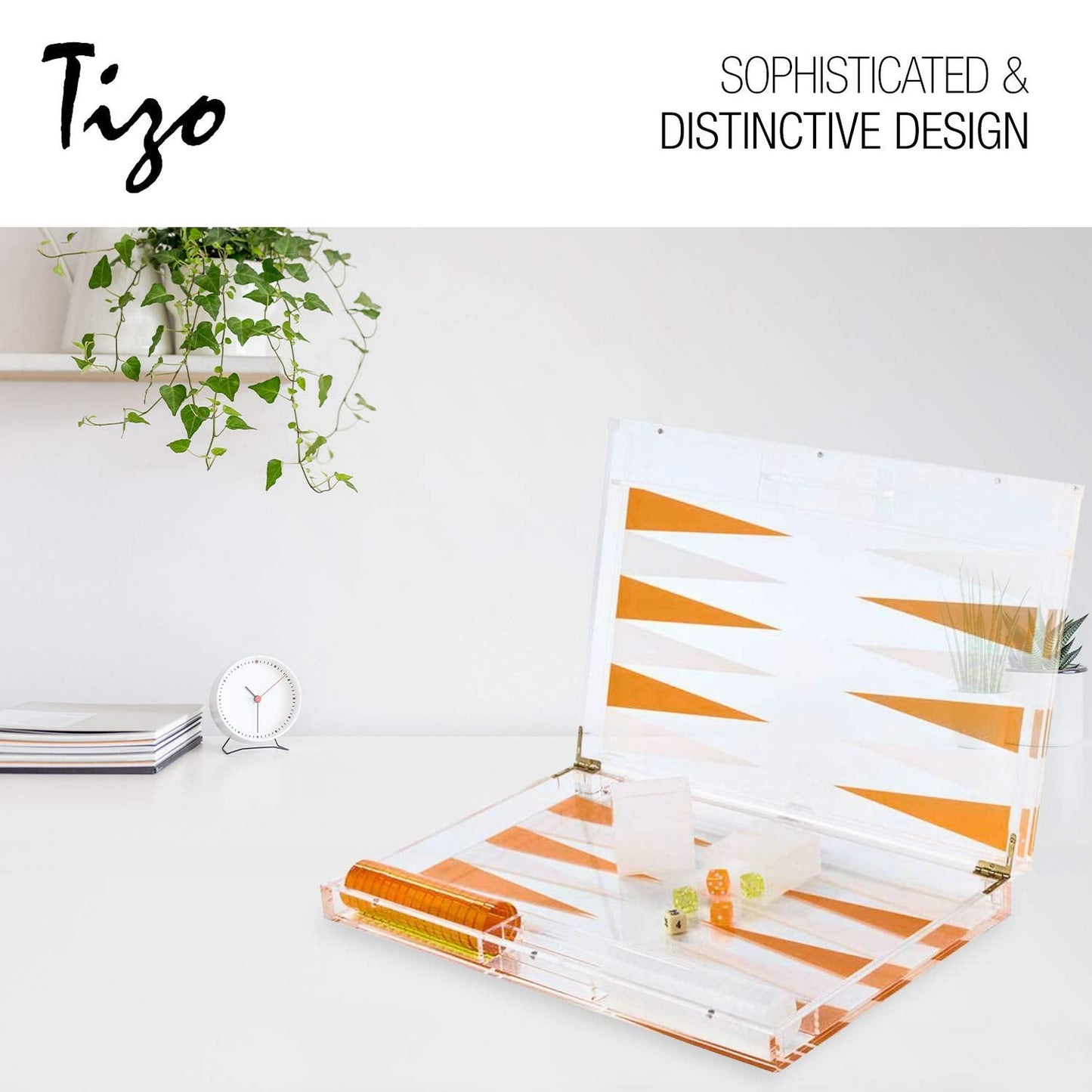 TIZO Elegant 18” Lucite Backgammon Set, Lucite Chips & Cups with Magnetic Closure, Elegant & Practical Boutique Quality Home Décor, Clear, Blue & White