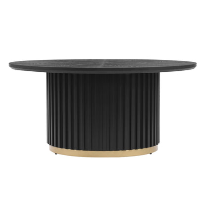 Christopher Knight Home Modern Round Coffee Table 33.46" Fluted Pedestal Base Sculptural Accent Table with Ash Veneer Top and Gold Metal Detail for Living Room Lounge and Minimalist Interiors, Black