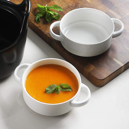 Sweejar Ceramic Soup Bowls with Double Handles, 20 Oz Stacked Bowls for French Onion Soup, Cereal, Pot Pies, Stew, Chill, Pasta, Set of 4 (White)