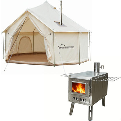DANCHEL OUTDOOR B6 4 Season Glamping Wall Tent w/Large Wood Stove Camping, No Center Pole, Higher Side Wall,900D Flame Retardant Oxford for 6-8 Person Yurt Cabin Tent,16.4ft/5m