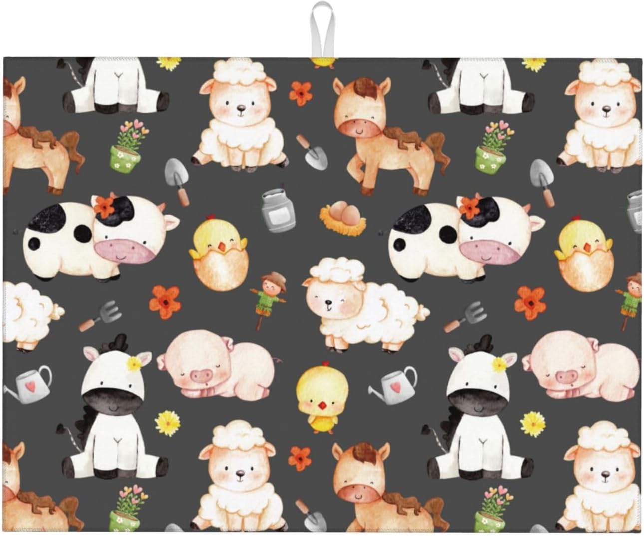 Farm Animal Dish Drying Mat for Kitchen Counter, Cute Microfiber Absorbent Reversible Drainer Rack Pad, 18 x 24 Inch