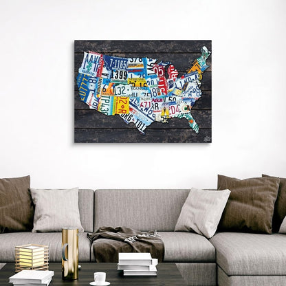 CANVAS ON DEMAND Usa License Plate Map Canvas Wall Art Print by Brittney Hallowell, Contemporary, Home Decor, America, United States Artwork,48" x36in