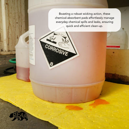 Chemical Absorbent Pads - Absorb Agressive Chemicals, Acids, Alkalis - Spill Control Sheets - 16" x 18", 100 Sheets, Sonic Bonded Core with Spun Bound Top Layer, Yellow - Indoor/Outdoor Use