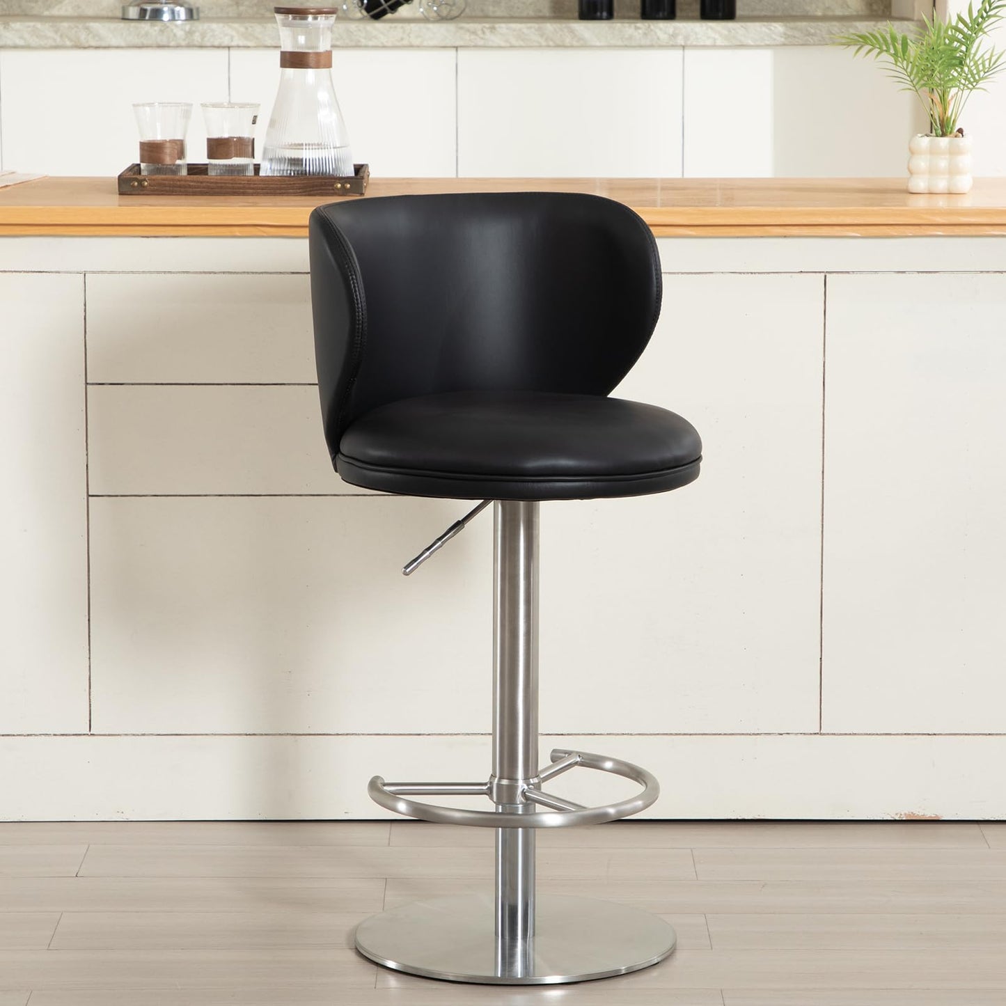 AULIFE Stainless Steel Bar Stools,Grade Modern Leather Bar Chair with Backrest,Swivel Adjustable Height for Kitchen Counter and Dining Room (Black Leather-1pc)