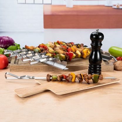 Restaurantware Met Lux 16.9 Inch Barbecue Skewers With Racks 8 Piece Heavy-Duty Shish Kabob Skewer Set - Brings 6 Skewers Includes 2 Grill Racks Stainless Steel Grilling Skewer Set Reusable