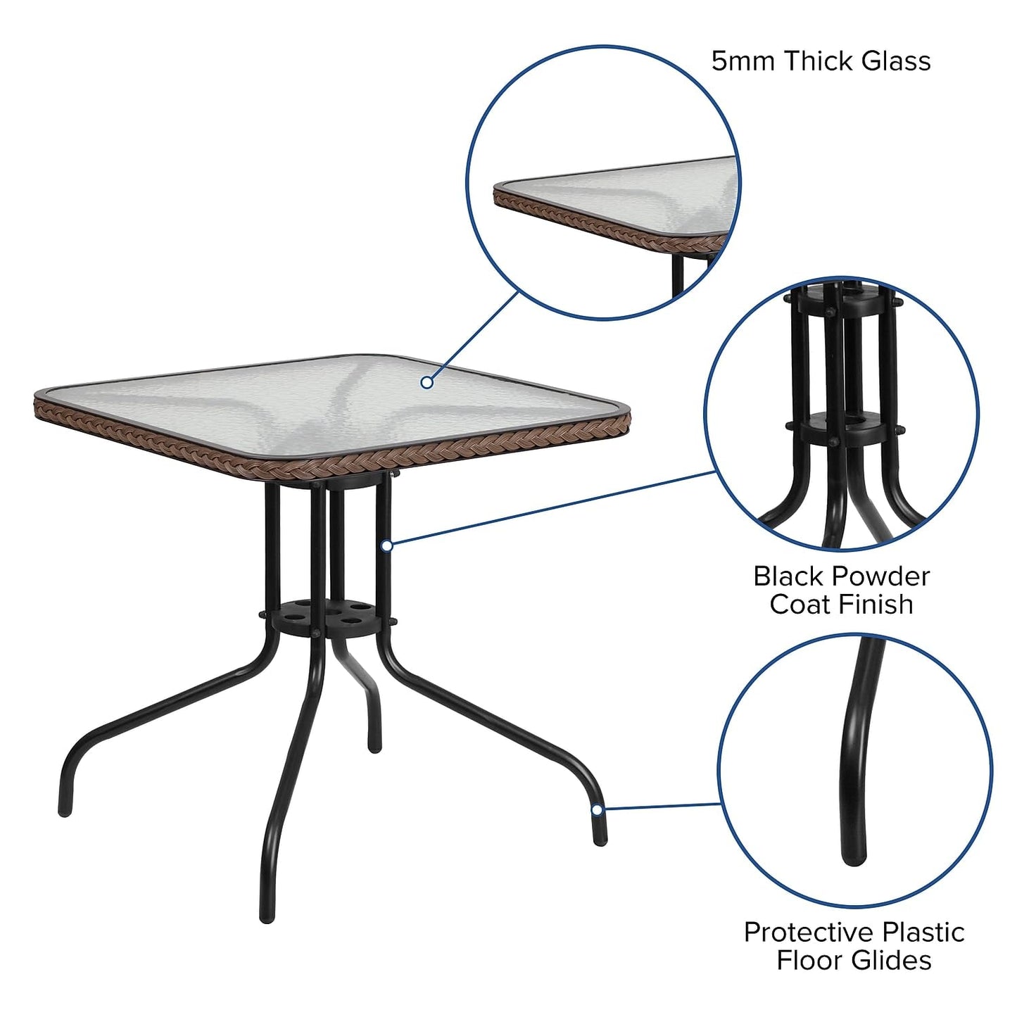 Flash Furniture Barker 28'' Square Tempered Glass Metal Table with Dark Brown Rattan Edging