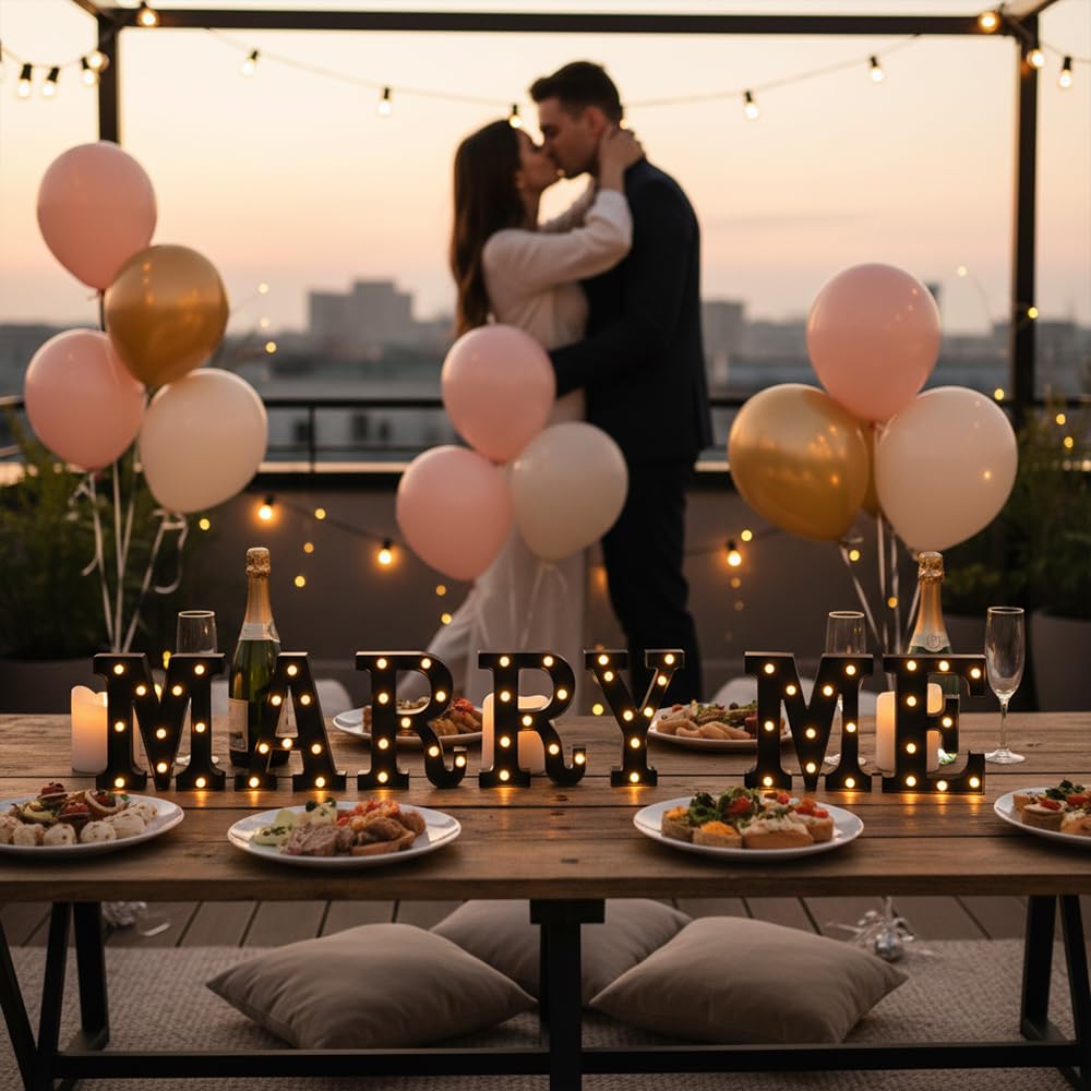 Black Marry Me LED Marquee Sign Light Up Letters, LED Marry Me Sign Marquee Letter Lights, Warm White Letter Light for Wedding Proposal Decoration, Romantic Decorative Letters Signs Battery Operated