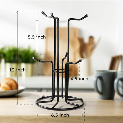 HULISEN Mug Tree for Large Cups, Counter Coffee Mug Holder with 6 Hooks, Metal Coffee Cup Holder Tree, Standing Rack for Countertop, Kitchen Counter Decor, Black