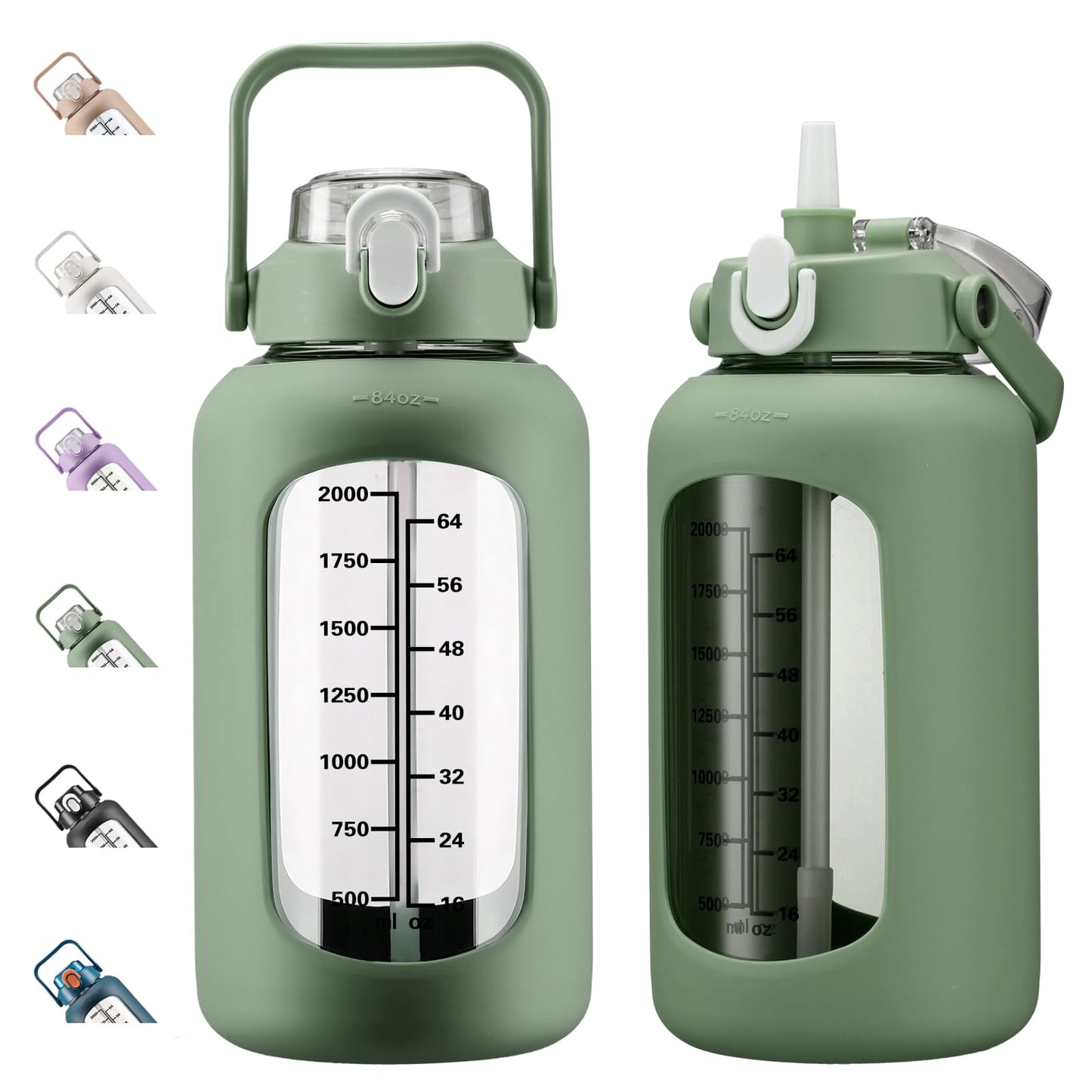 kytffu 84oz Glass Water Bottle with Straw, 2.5 Liter Large Water Bottle with Silicone Sleeve and OZ Marker, Wide Mouth Gallon Glass Bottle with 2-in-1 Lid, Leakproof Water Jug for Gym Home, Olive
