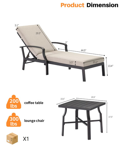 SEEHILL 2 Pieces Lounge Chair Set, Outdoor Chaise Lounge Set, Never-Rust Aluminum Pool Lounge Set with Gray Cushion, 6-Position Adjustable Patio Chaise with Outdoor Side Table for Poolside, Gunmetal