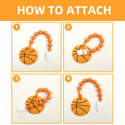 Baby Food Grade Silicone Sport Ball Teether Toy with Pacifier Clip Holder,Teething Toys Gift Set for 3 Months+ Boys and Girls,Freezer Safe,BPA Free. (Basketball)