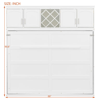 Murphy Bed Queen Size,Murphy Bed with Top Cabinets & Wine Rack,Space-Saving Hideaway Wall Foldable Bed w/Dual Piston Metal Folding Mechanism,Bedroom Folding Bedframe for Guest Room,White
