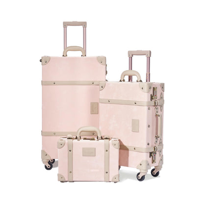 UNIWALKER Vintage Suitcase Set of 3, Retro Leather Travel Luggage with Cosmetic Train Bag for Women(Velvet Pink, 26''+20''+12'')