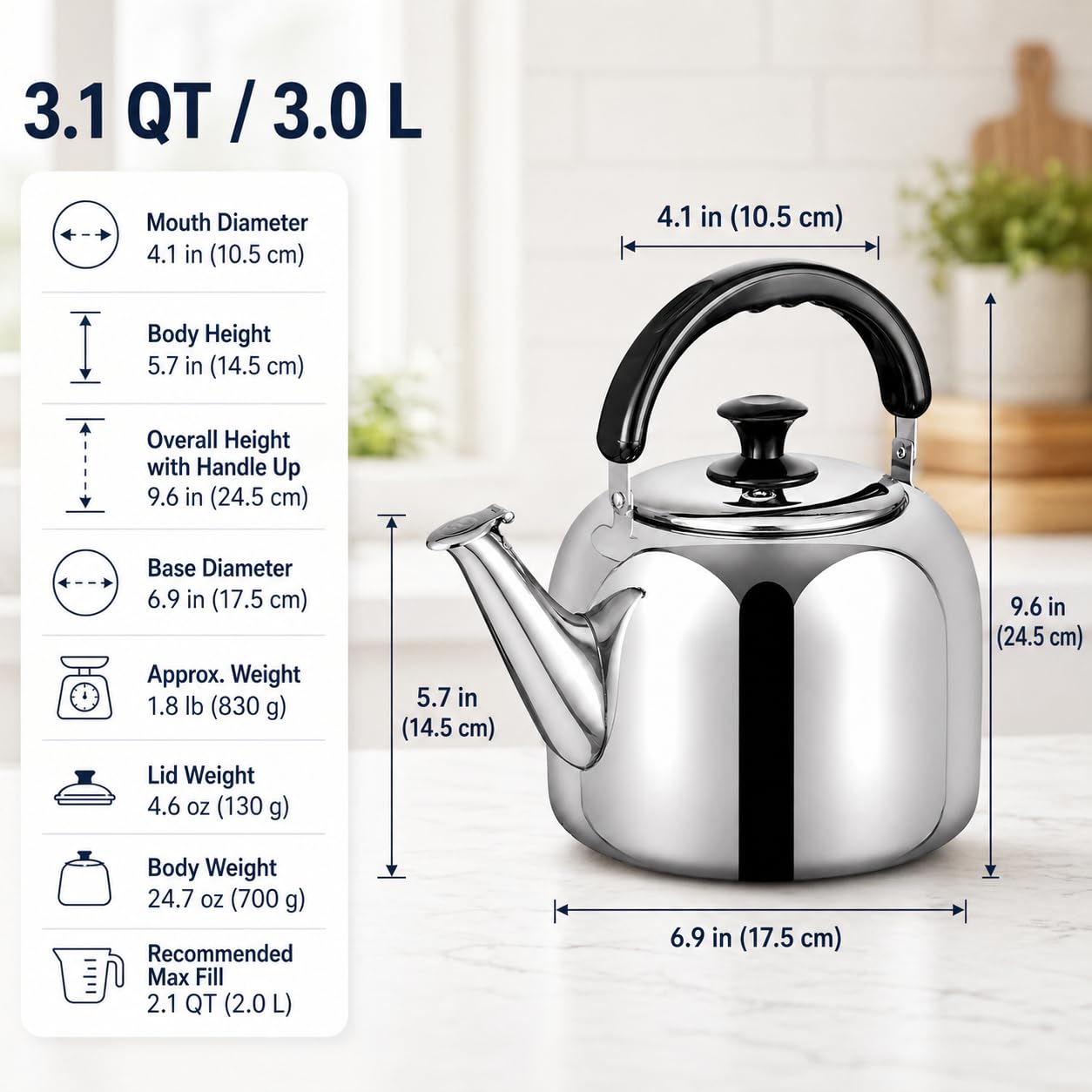 Whistling Stovetop Tea Kettle,Food Grade 316 Stainless Steel,Hot Water Fast to Boil,Stovetop Kettle with Ergonomic Handle,3.1 Quart Capacity