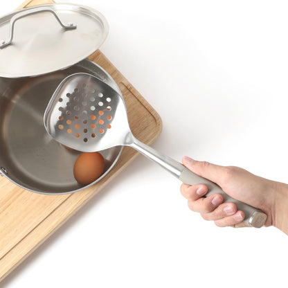 Calphalon Edge Stainless Steel Slotted Spoon/Skimmer with Taupe Handle, Slotted Cooking Tool for Draining and Skimming, Heat-Resistant, Durable Kitchen Utensil for Everyday Use