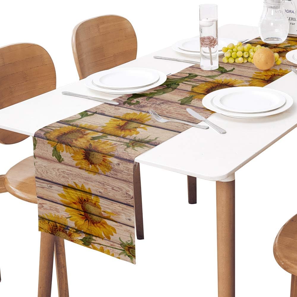 Sunflowers Rustic Table Runner - Cotton Linen Small 36 Inch Dresser Scarves, Farmhouse Tablerunner for Home Living Room