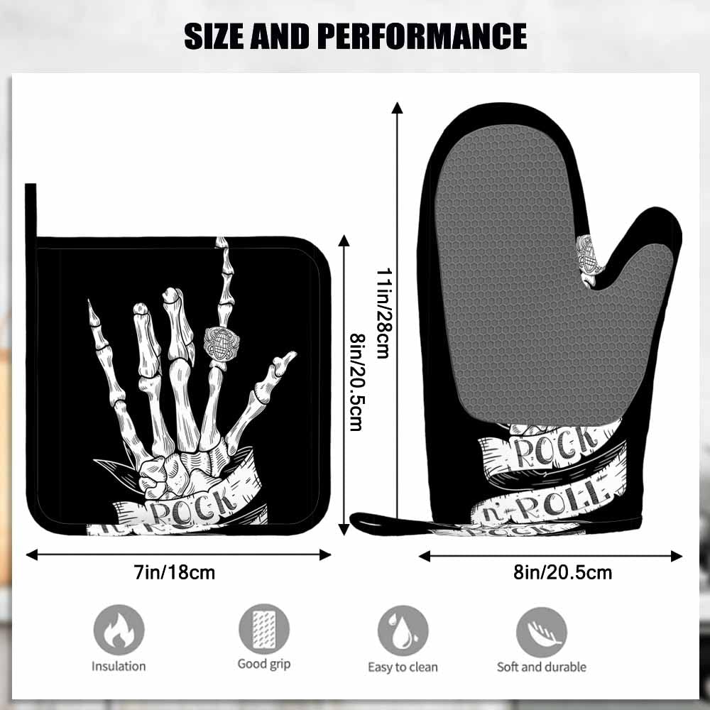 Mxocom Skeleton Oven Mitts and Pot Holders Sets Hand Rock N Roll Sign with Typography on Ribbon Black Silicone Heat Resistant Kitchen Oven Gloves Pot Holder for Cooking