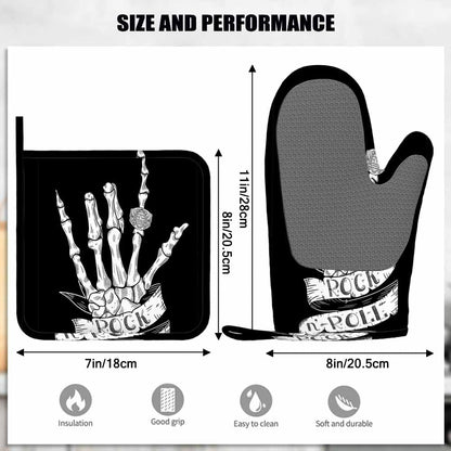Mxocom Skeleton Oven Mitts and Pot Holders Sets Hand Rock N Roll Sign with Typography on Ribbon Black Silicone Heat Resistant Kitchen Oven Gloves Pot Holder for Cooking
