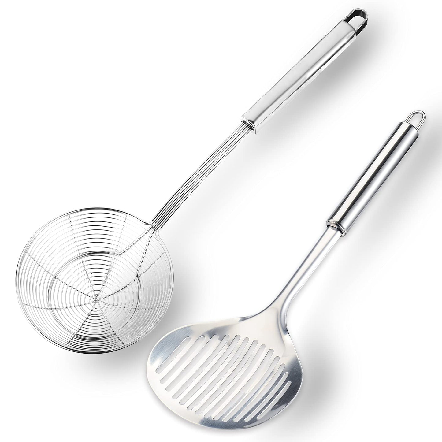 Multi Kitchen Utensil Stainless Steel Cooking Skimmer Slotted Fish Turner Spatula Spoon Colander Drain Water Filter Spoon Ladle Spider Strainer Skimmer Ladle for Cooking &Frying (2pcs)