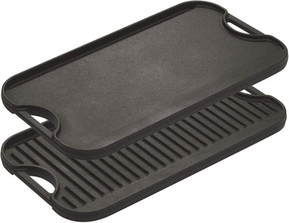 Lodge Pro-Grid Reversible Grill/Griddle - Dual-Sided Cast Iron Griddle - Double Burner Grill - Even Heat Distribution - PFAS-Free Non-Toxic Cookware - 20 Inches x 10.5 Inches