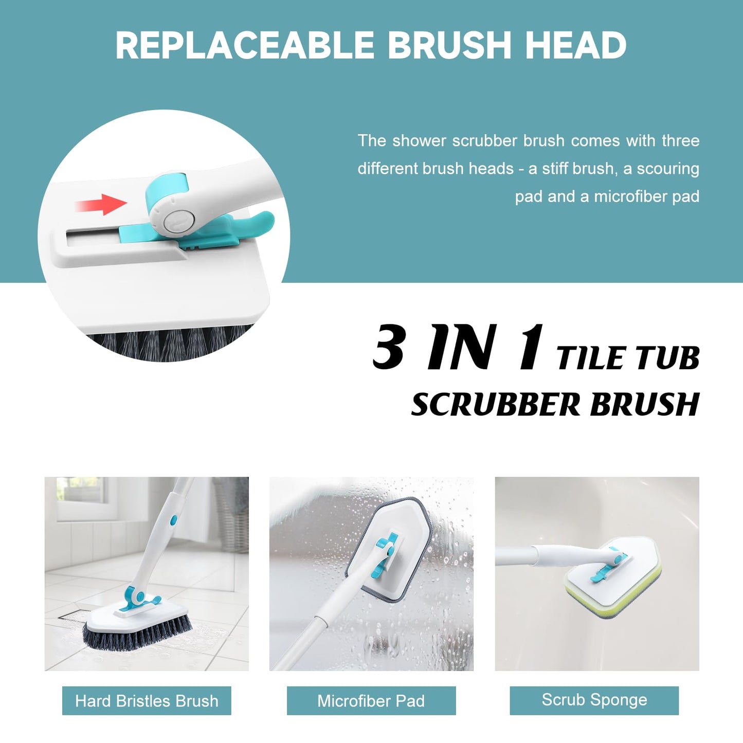 nacena Shower Scrubber with Long Handle, 3 in 1 Tile Tub Scrubber Brush with 3 Detachable Cleaning Heads Adjustable Handle Shower Cleaner Brush for Bathroom, Kitchen, Toilet, Wall, Sink, Blue White