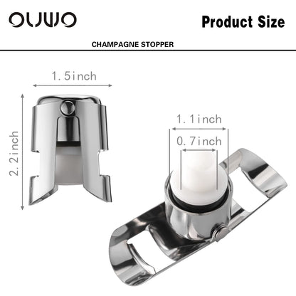 OUWO Champagne Stopper 6 Pack Stainless Steel Champagne Save with Food Grade Silicone, Leak-Proof Bubble Retaining Saver, Suitable for Champagne Prosecco Cava and Sparkling (Silver)