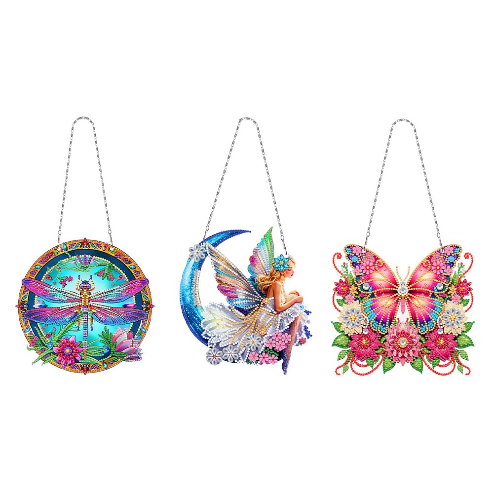 3Pcs DIY Hanging Diamond Art Pendant Kit Butterfly Dragonfly Fairy, Special Crystal Acrylic Diamonds Painting Ornament Kit for Adults, 5D Diamond Art Suncatchers Gem Painting Box Kit (Pink)