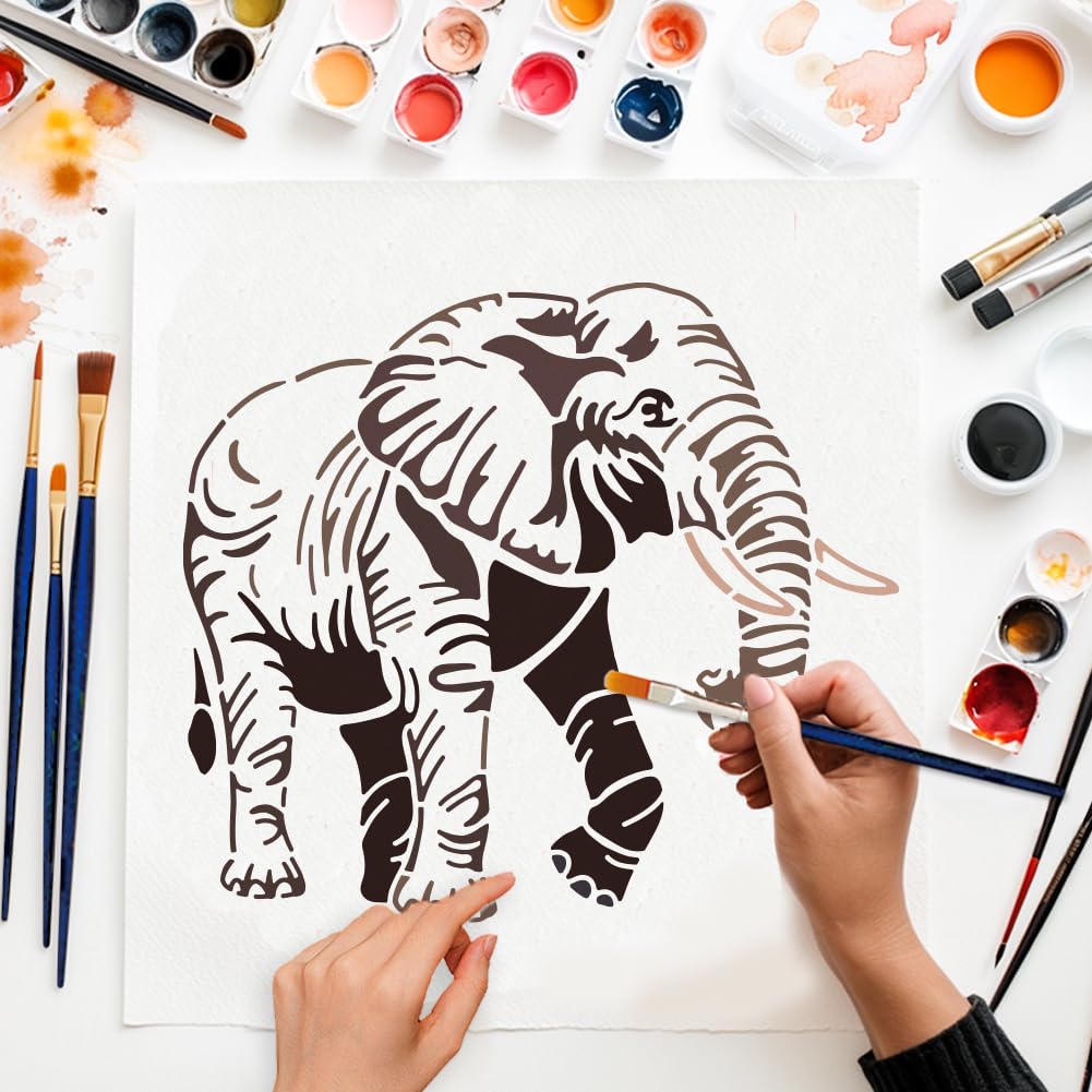 MAYJOYDIY 2 Sets Elephant Stencil 11.7×8.3/11.8x11.8inch Large Forest Animals Painting Stencil with Paint Brush Reusable Jungle Animal Drawing Templates for Wood Canvas Paper Fabric Wall Glass