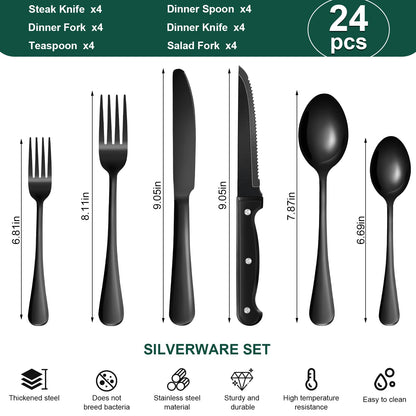 24-Piece Black Silverware Set with Steak Knives Black Stainless Steel Flatware Set for 4 Food Grade Tableware Cutlery Set Rust-proof, Mirror Polished, Dishwasher Safe