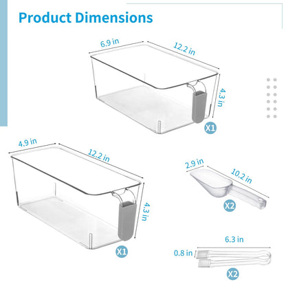 2 PCS Ice Bin with Scoop and Tong, Ice Bucket with Pull-out Handle for Freezer, 2 Sizes Clear Plastic Ice Container for DIY Drink Summer Party, 12.2 x 6.9 x 4.3 in, 12.2 x 4.9 x 4.3 in, Gray Handle