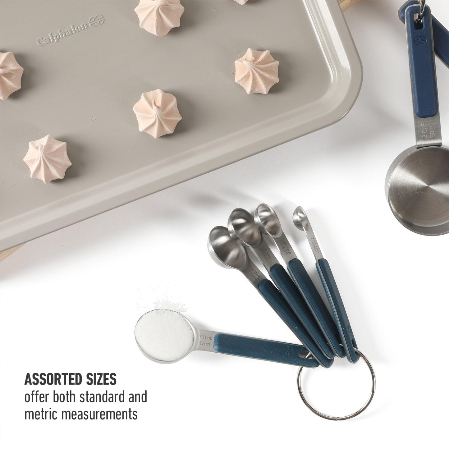 Calphalon Prime 5 Piece Stainless Steel Measuring Spoons W/Navy Blue Silicone Handles