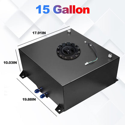 Dexepe Universal 15 Gallon 60L Fuel Cell Polished Aluminum Fuel Tank with Cap/Level Sender/12FT Oil Feed Line Black