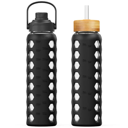 MUKOKO 32oz Glass Water Bottles with 2 Lids-Handle Spout Lid&Bamboo Straw Lid, Motivational Water Tumbler with Time Marker Reminder and Silicone Sleeve, Leakproof-Black-1 Pack