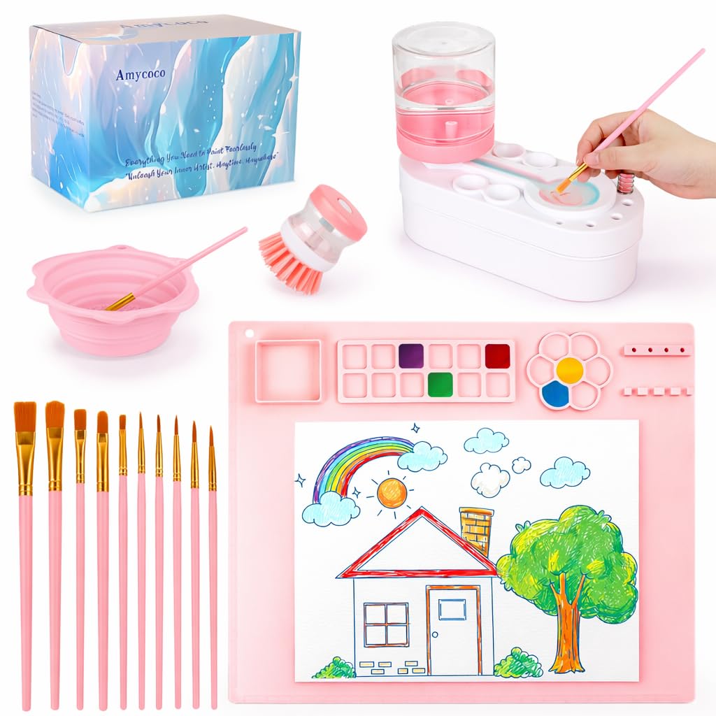 Painting Station, Silicone Painting Mat 20"X16" and Paint Brush Cleaner (Pre-Assembled), 10 Paint Brushes and Foldable Silicone Paint Brush Cleaner Bowl, for Artist Kids Adults Birthday Gifts (Pink)