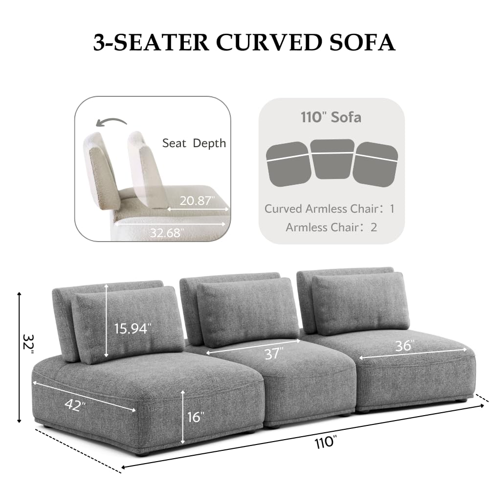Furniture of America Tatiana Modern Chenille 3-Piece Curved Modular Sectional Sofa with Adjustable Backrest for Living Room, Office, Free-Combined, FSC & Oeko TEX Certified, Gray