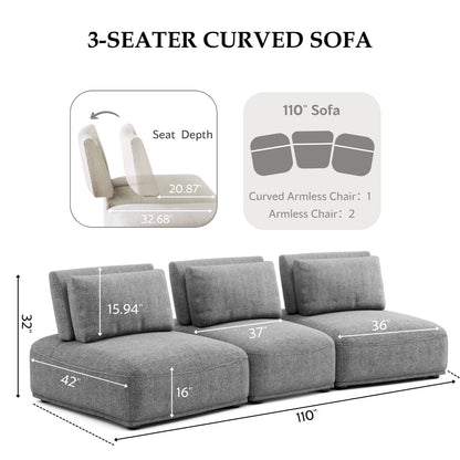 Furniture of America Tatiana Modern Chenille 3-Piece Curved Modular Sectional Sofa with Adjustable Backrest for Living Room, Office, Free-Combined, FSC & Oeko TEX Certified, Gray