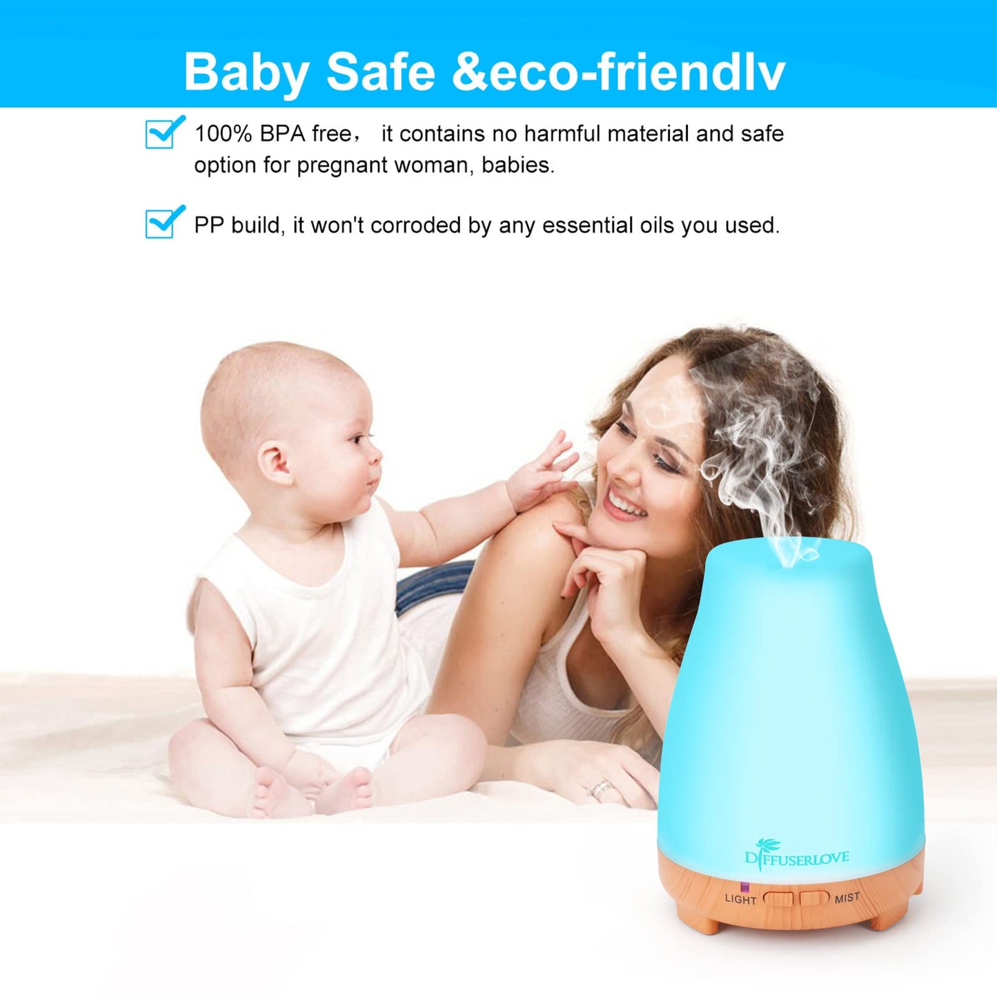 Diffuserlove Essential Oil Diffusers 200ML Remote Control Ultrasonic Mist Humidifiers BPA-Free Aromatherapy Diffuser with 7 Color Lights, Auto Shut-Off for Bedroom Office Kitchen