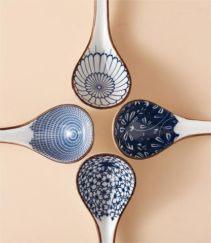 Ceramic Ramen Spoons Set of 4, 6.5 Inch Asian Soup Spoon, Japanese Spoons for Kitchen, Pho, Dumpling