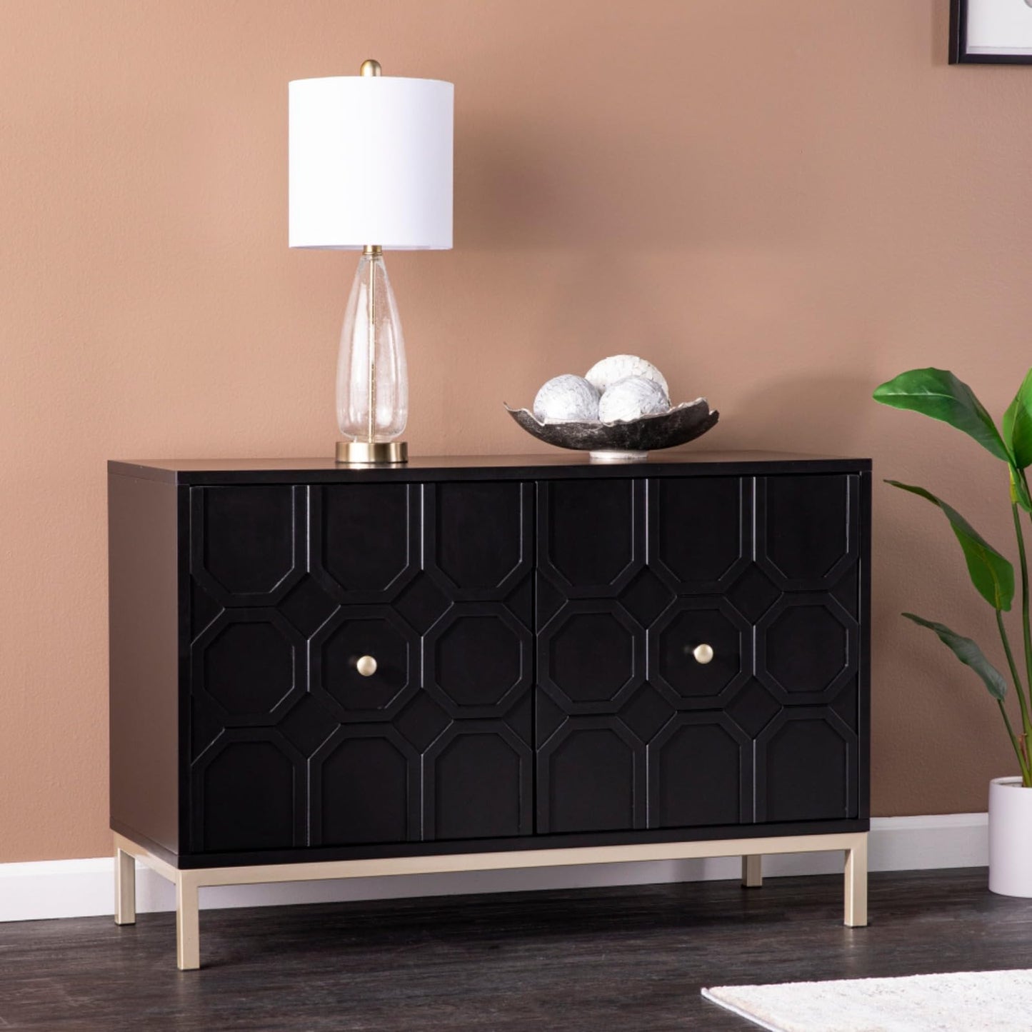 Hassyee Modern Design Two Carved Door Accent Cabinet with Metal Base, Space Saving Floor Display Cabinet for Stemware, Board Games, or Movie Collection