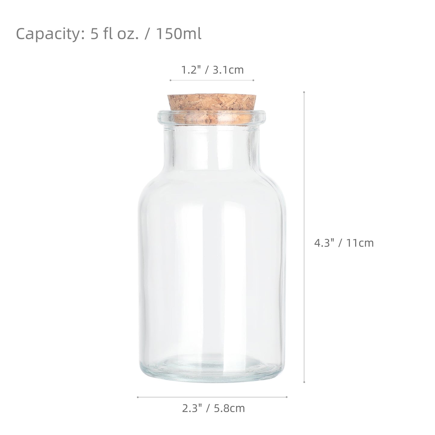 Magic Season Decorative Glass Bottles with Cork Stoppers (5 fl oz. Wide Mouth Round Bottles/Set of 6)