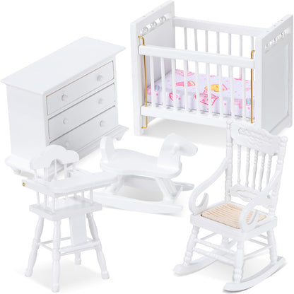 Silipull 5 Pcs 1: 12 Scale Wooden Dollhouse Furniture Set Miniature Wood Bedroom Furniture Wooden Dollhouse Accessories Encourage Creative and Imaginative Play for Kid Miniature Bathroom(White)
