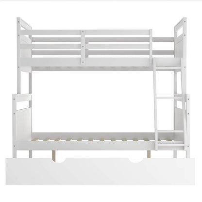 Merax Twin Over Full Wood Bunk Bed Withe Trundle and Safety Guardrail for Teens, Guests，No Box Spring Needed, White