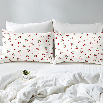 Feelyou Kids Red Cherry Fitted Sheet Queen Size, Cherry Pattern Bed Sheet Set Boys Girls Cute Fruit Bedding Set Kawaii Cartoon Fruit Teens Bed Cover Room Decor Lightweight Bed Set (No Flat Sheet)
